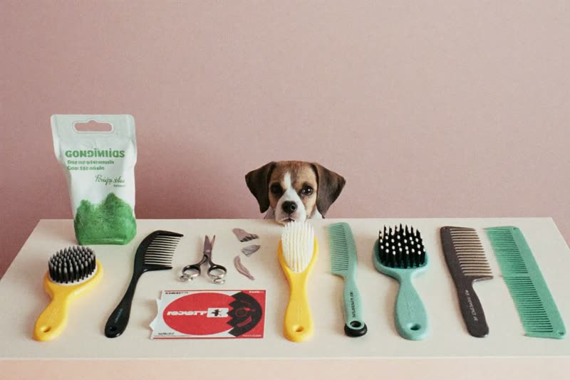 Grooming brushes, combs and clippers laid out