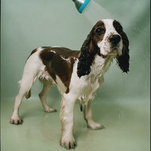 A spaniel being bathed